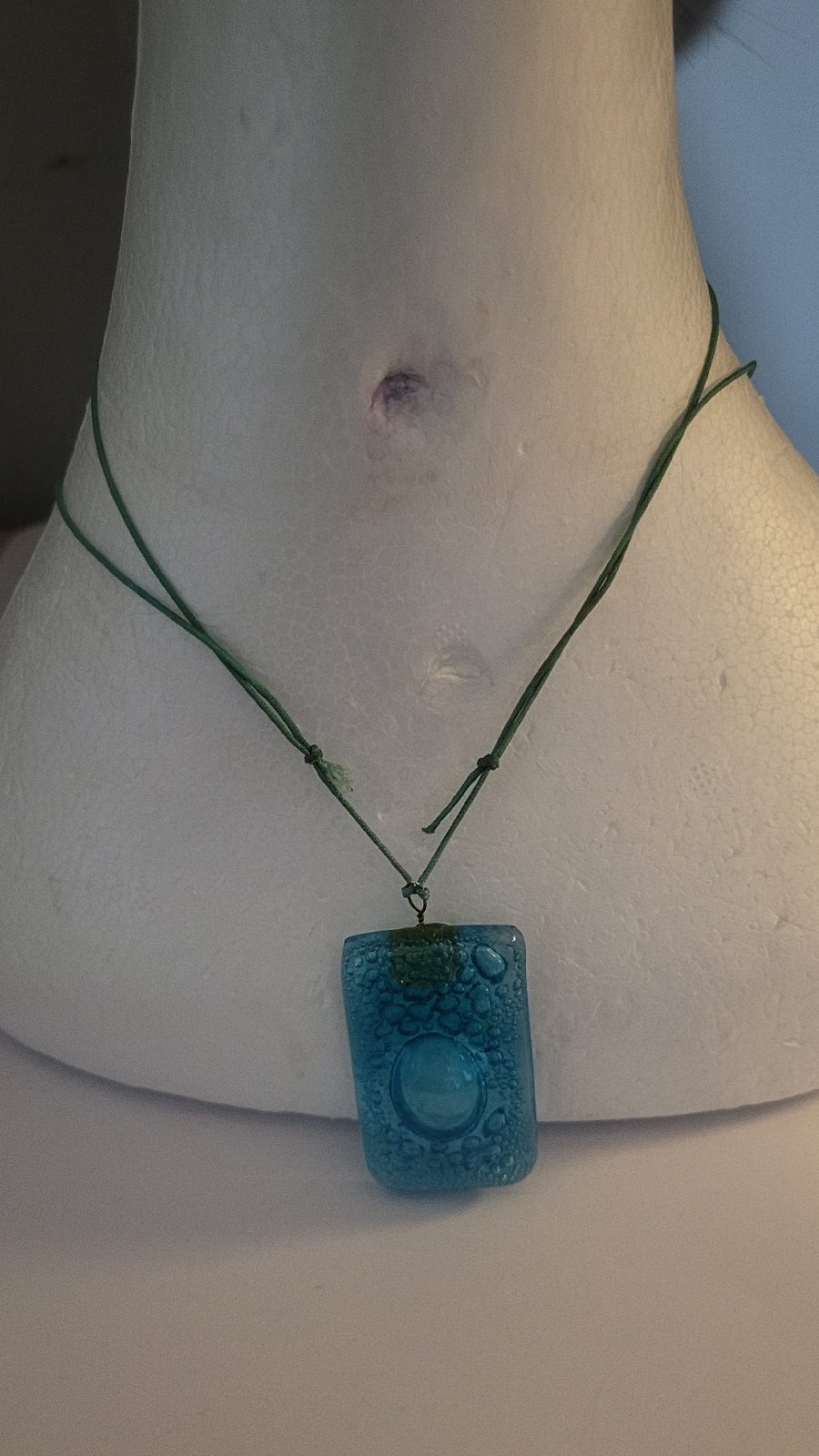 Teal glass pendant with bubble texture