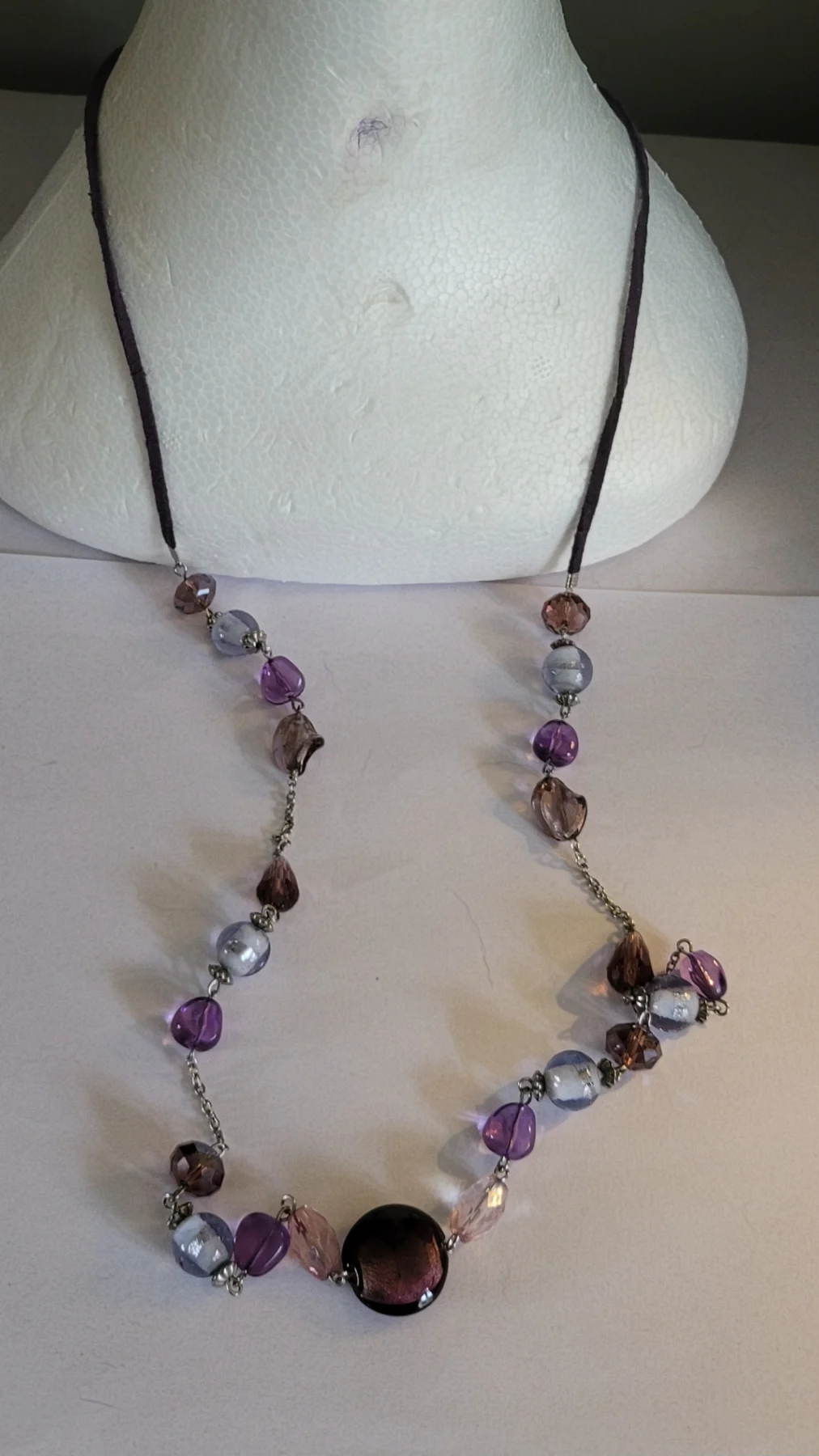 Multi-shade purple glass & crystal beaded long necklace