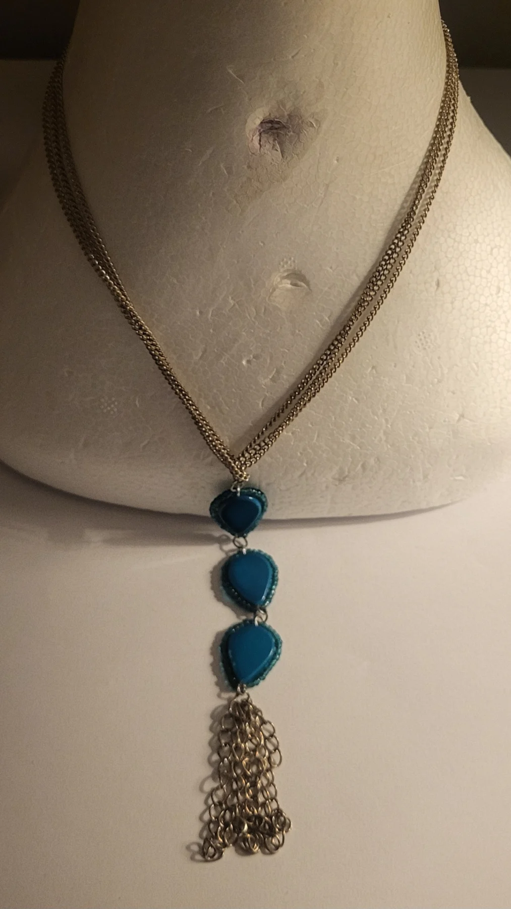 Teal teardrop necklace with silver chain tassel