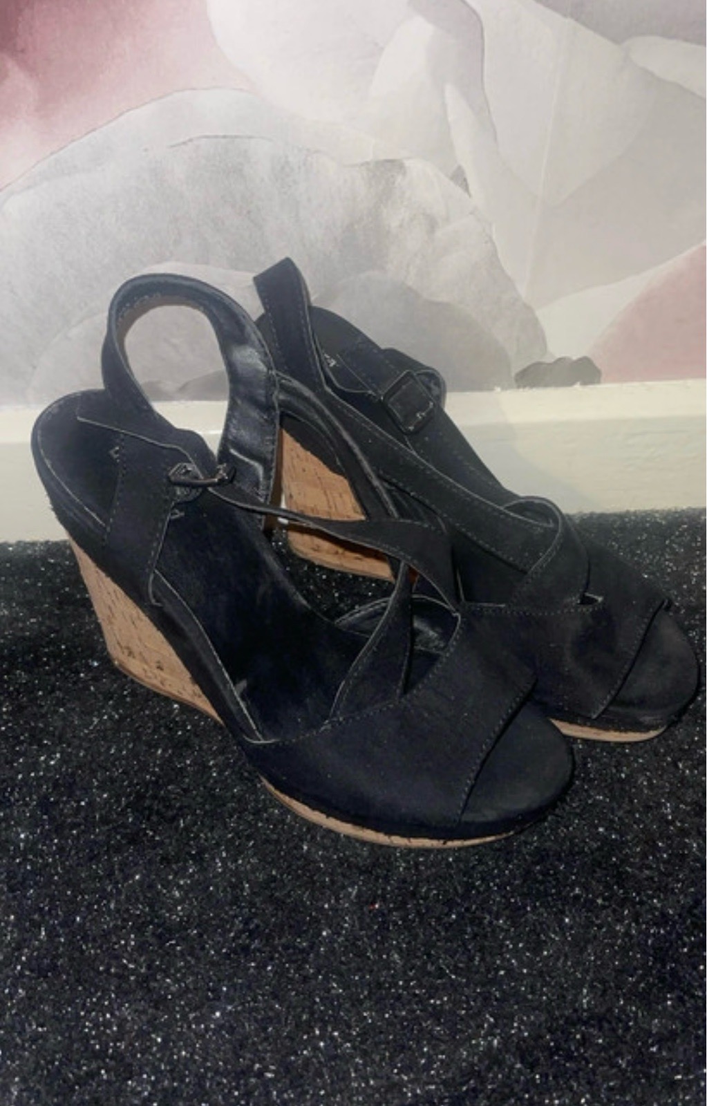 Women’s black peep toe wedges