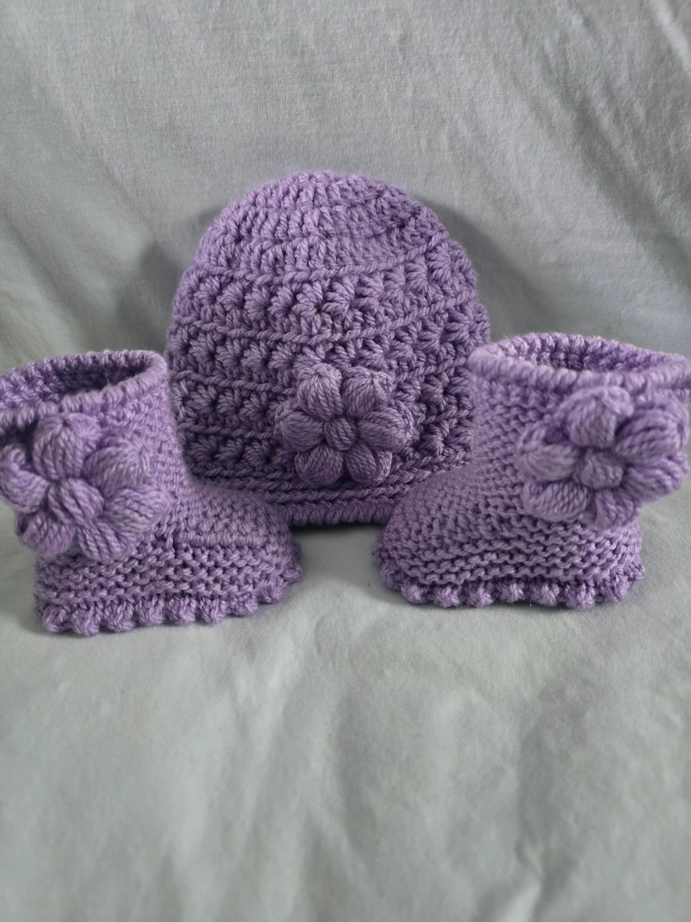 Handmade crochet knitted baby hat with booties newborn