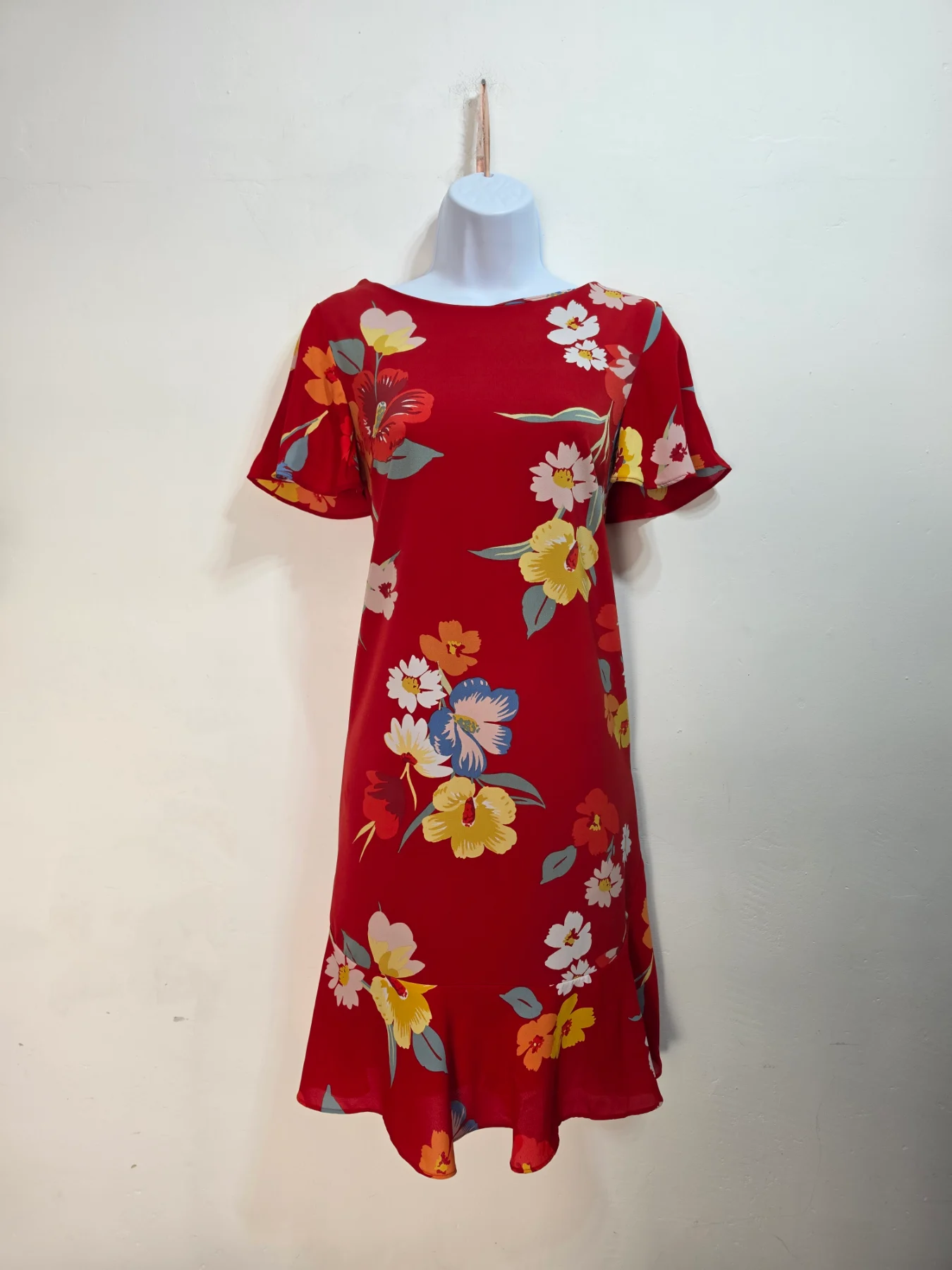 Next Dress UK 10 Red Floral Flutter Sleeve Ruffle Hem Shift Summer Wedding