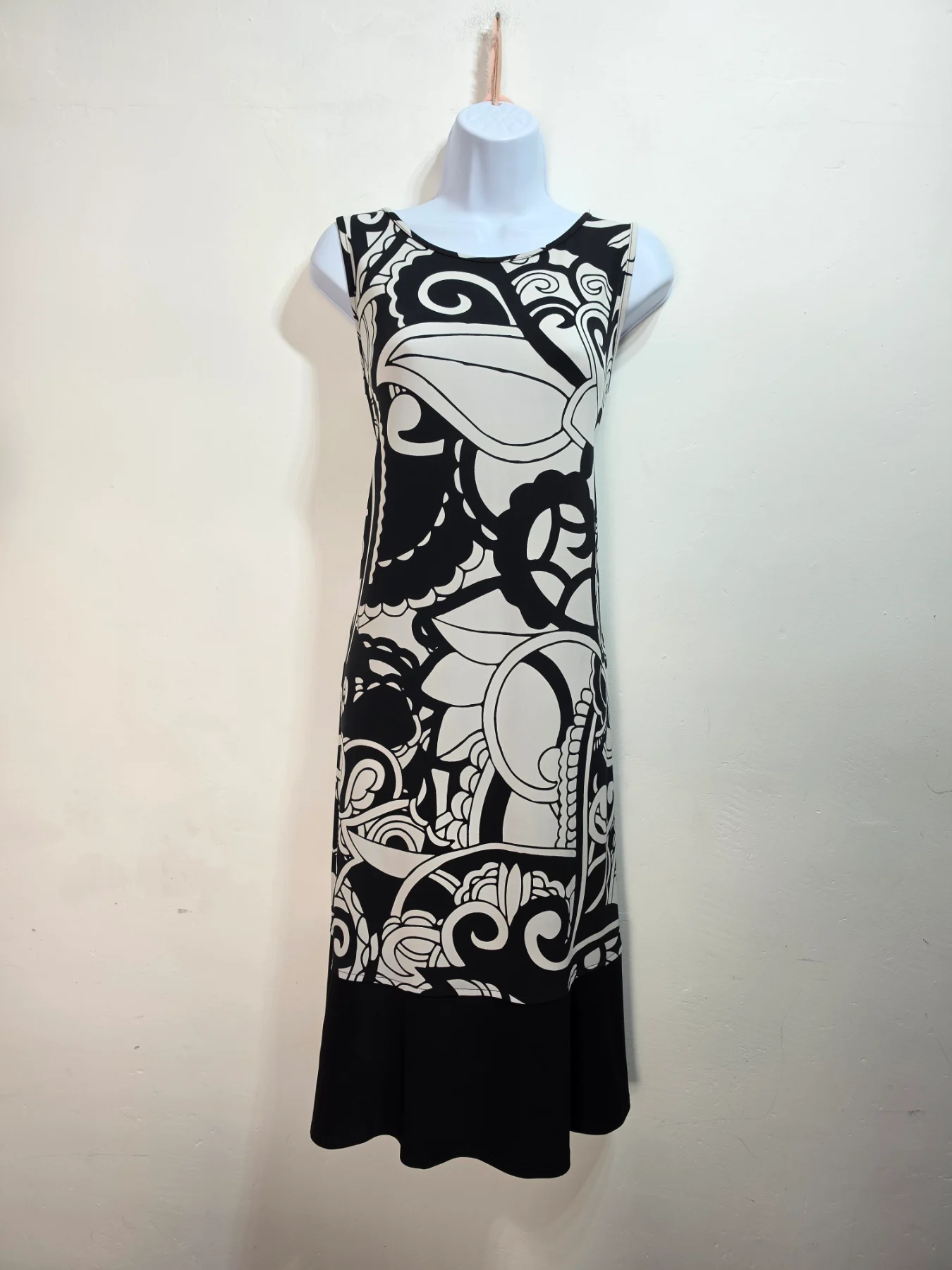 Ronni Nicole Dress UK 14 Black White Abstract Sleeveless Midi Shift Stretch