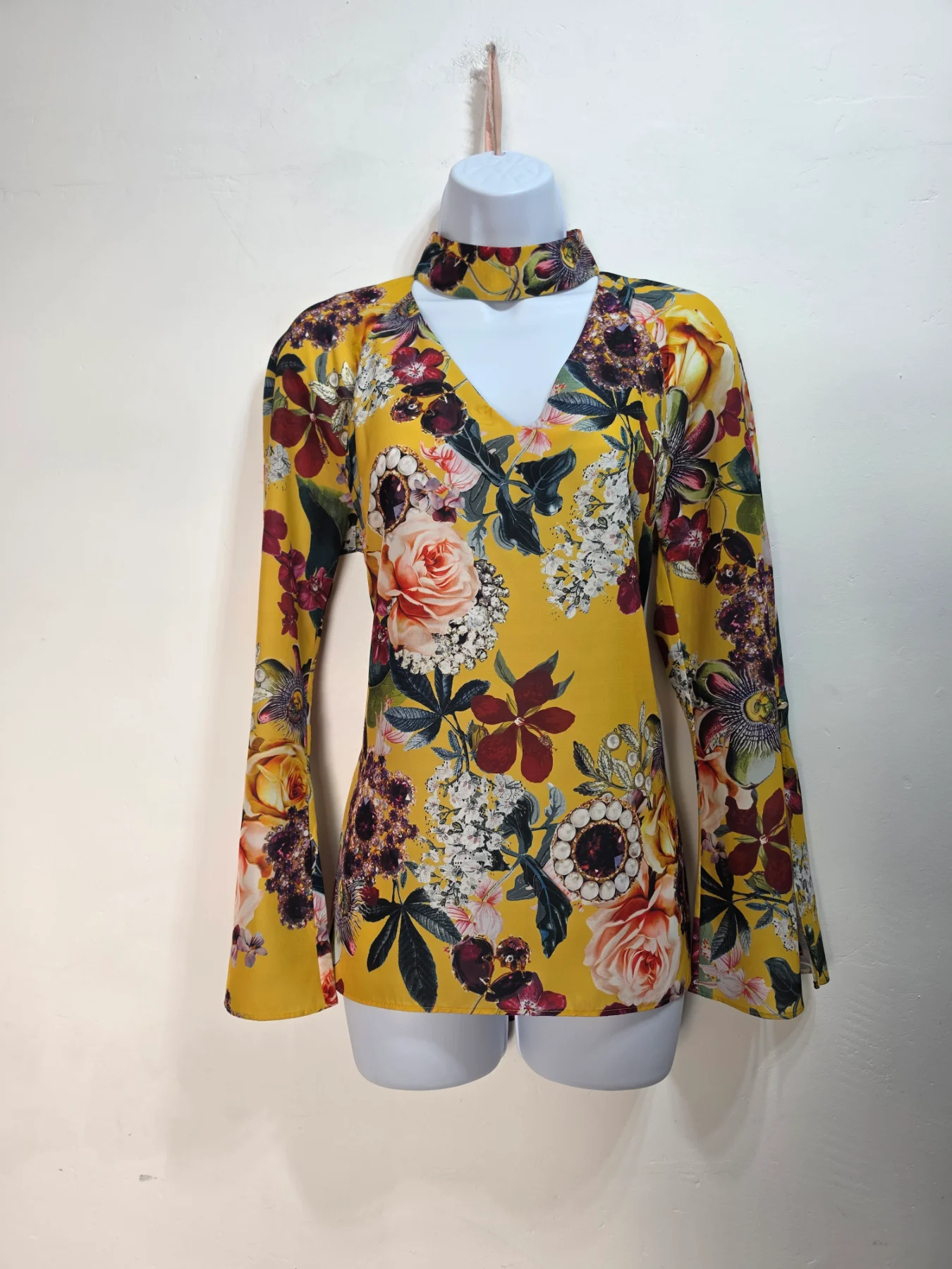Star by Julien Macdonald Blouse UK 10 Mustard Floral Choker Bell Sleeve Top