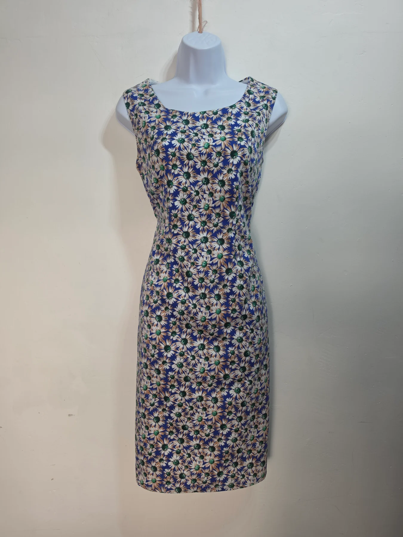 Joe Browns Dress UK 10 Blue Daisy Floral Cotton Stretch Sleeveless Midi Lined