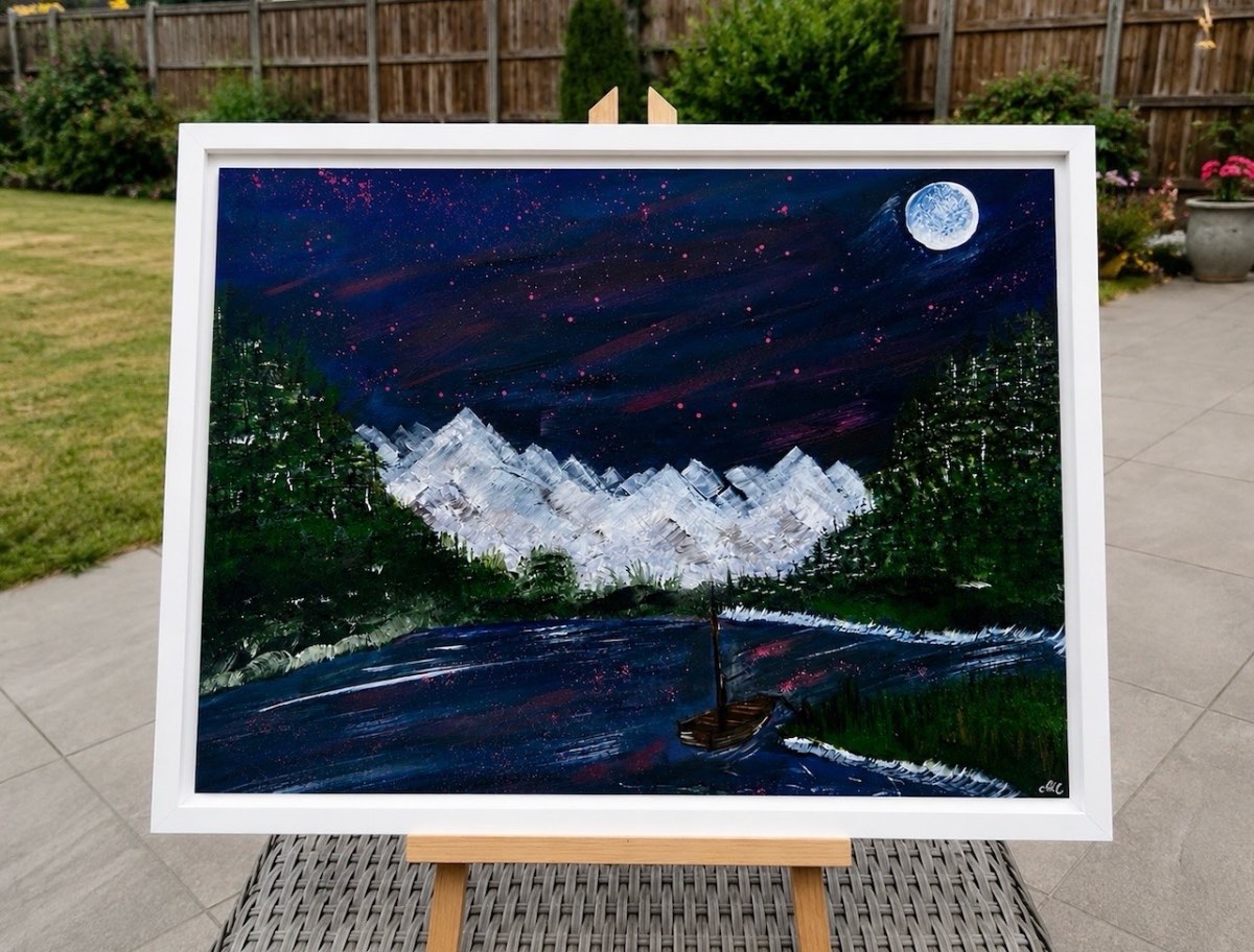 Northern Lights original canvas painting glitter skies wall art home decor white peaks