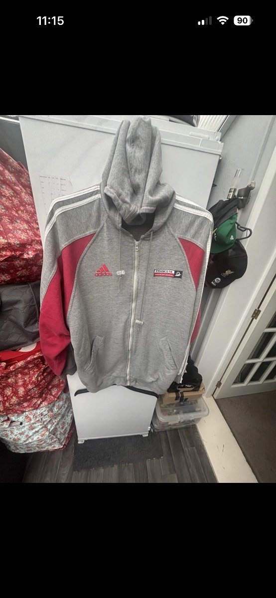 Vintage 90s Adidas France 98 World Cup Zip Up Hoodie Grey Red Mens XL