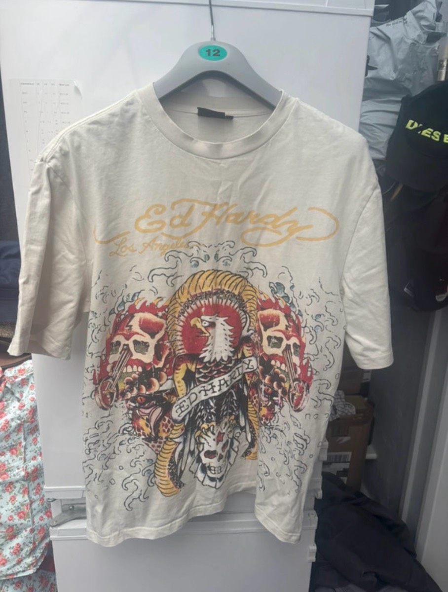 Ed Hardy Vintage Y2K Style Cream Graphic T-Shirt Eagle Skulls Tattoo Tee XS