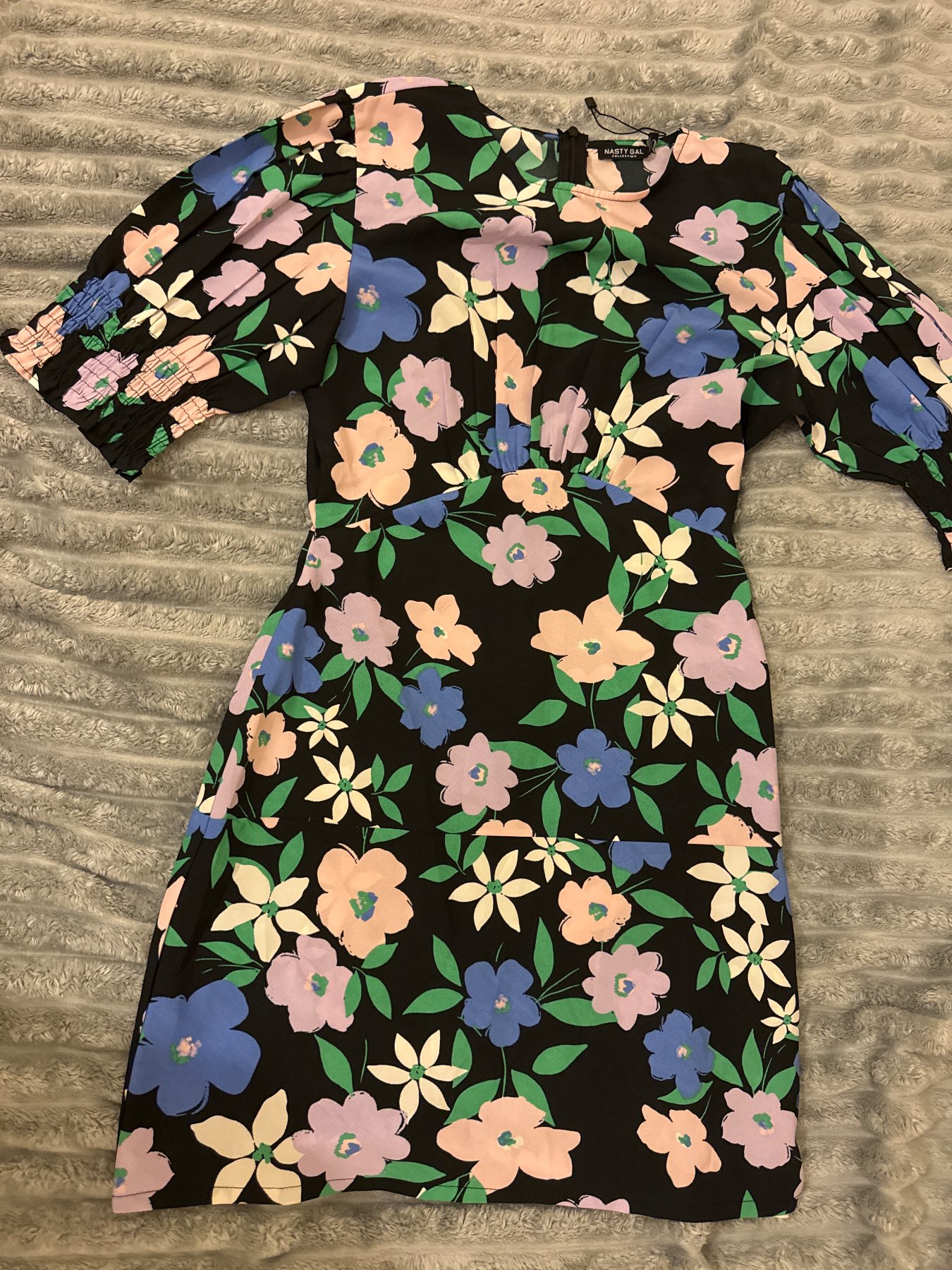 Nasty Gal Black Floral Puff Sleeve Mini Dress — UK 8