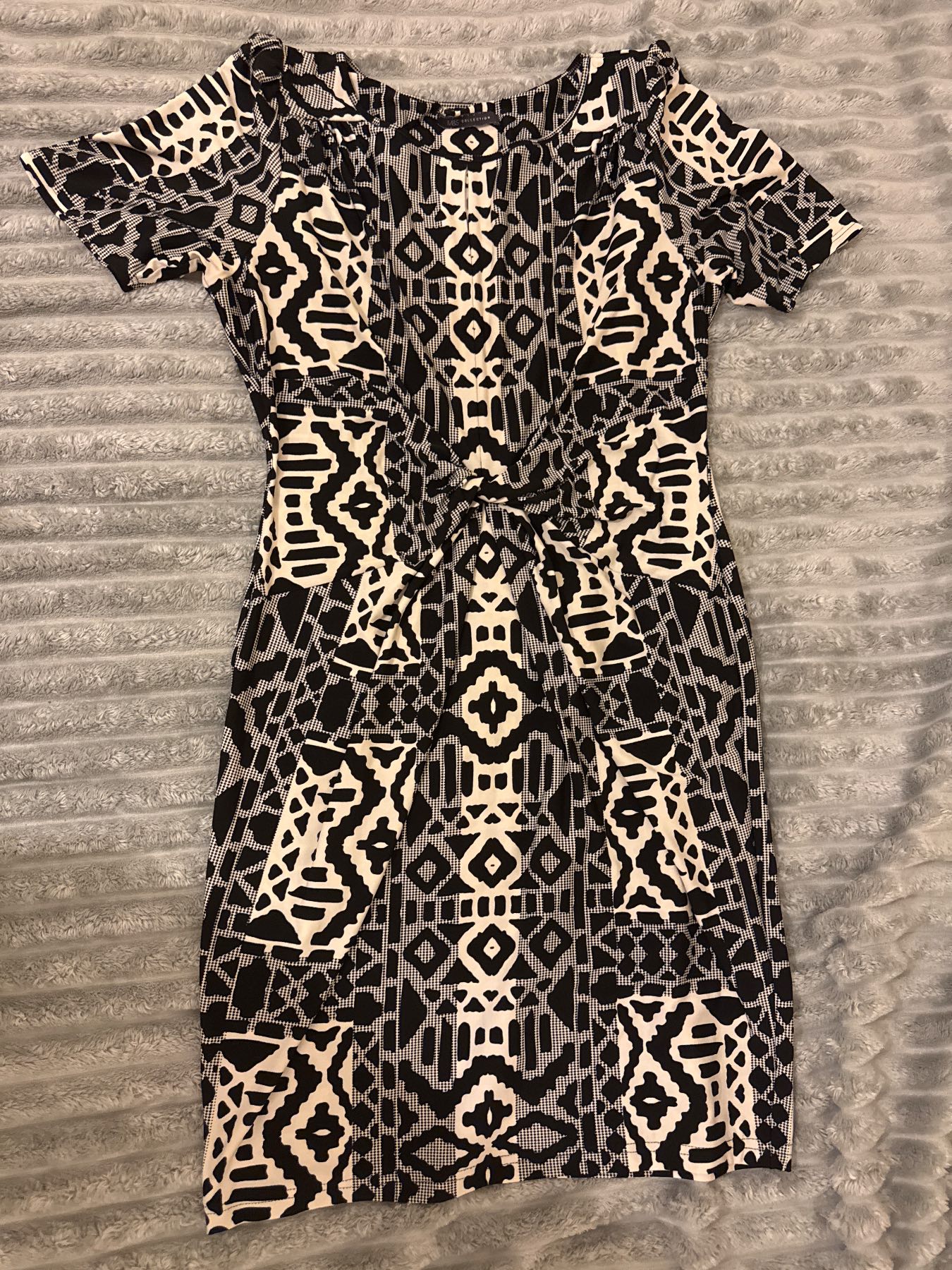 M&S Black & Cream Geometric Twist Dress — Fits UK 10–12