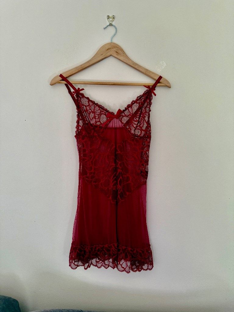 red babydoll slip dress Sheer Lace Babydoll Slip Dress Lingerie Set In RED